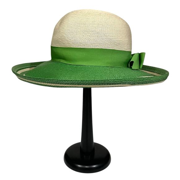 Adele Claire Vintage Hat Women’s Wide Brim Woven Derby Green Ivory Bow Fancy - Picture 1 of 8